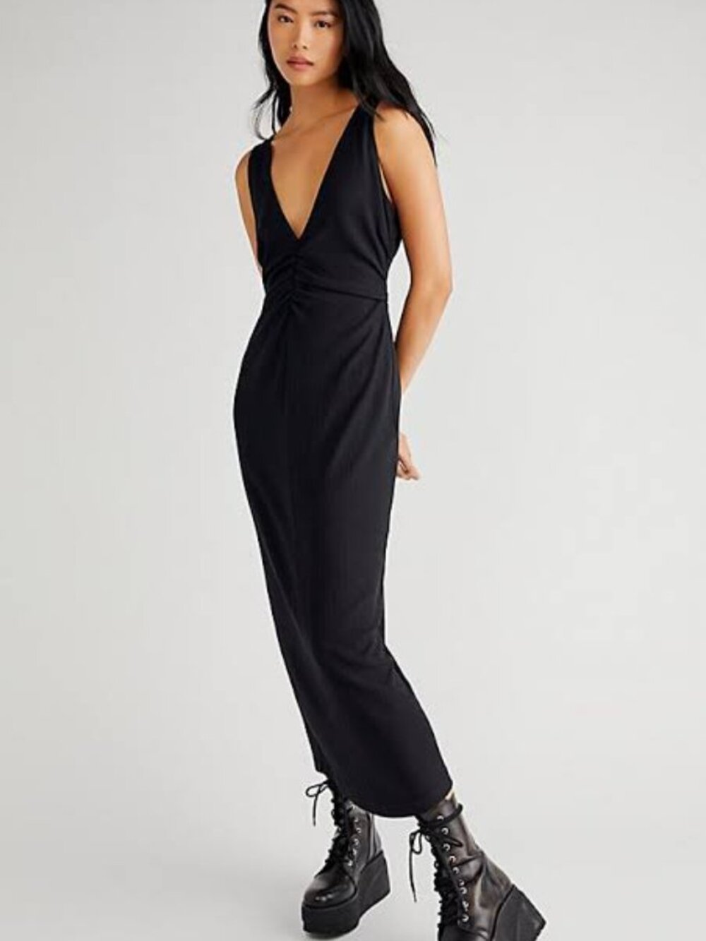 FREE PEOPLE |  Lyla Midi Dress in Black Cinched Rouched (size Medium)